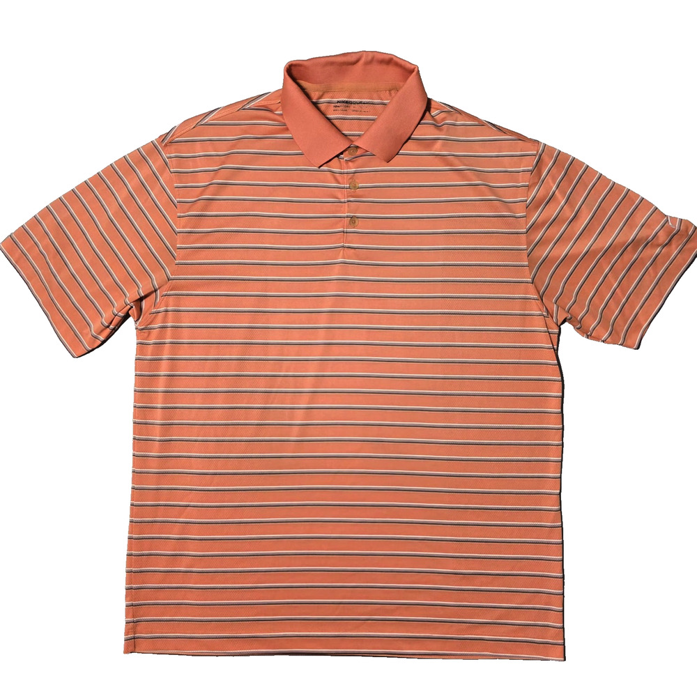 Nike Golf Shirt Mens XL Orange Striped Short Sleeve Fit Dry Polo Performance
